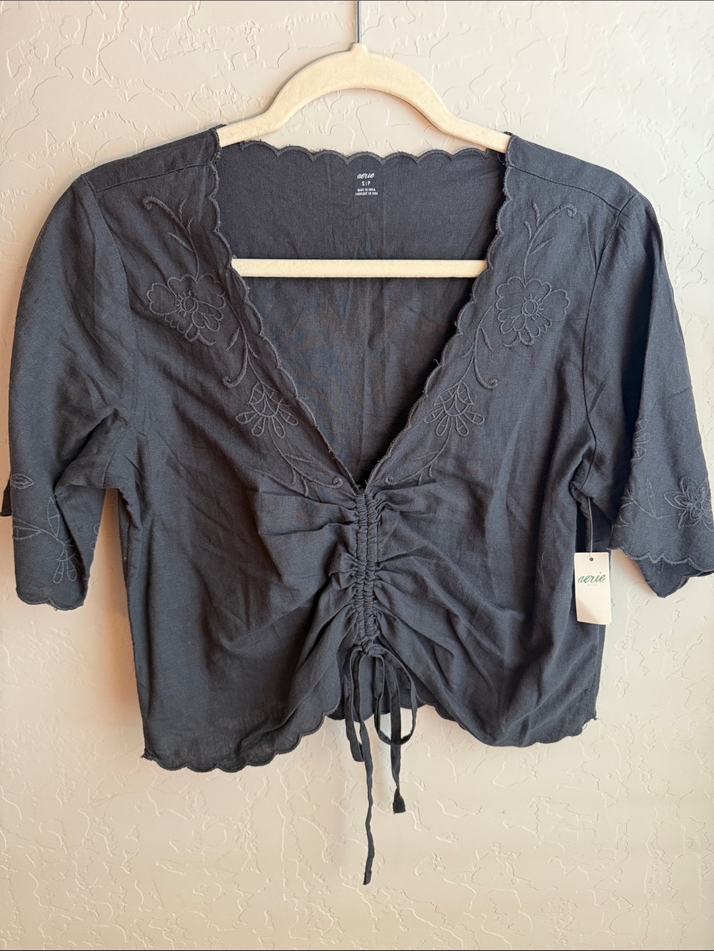 Aerie Black Cropped V-Neck Ruched Blouse with Floral Embroidery